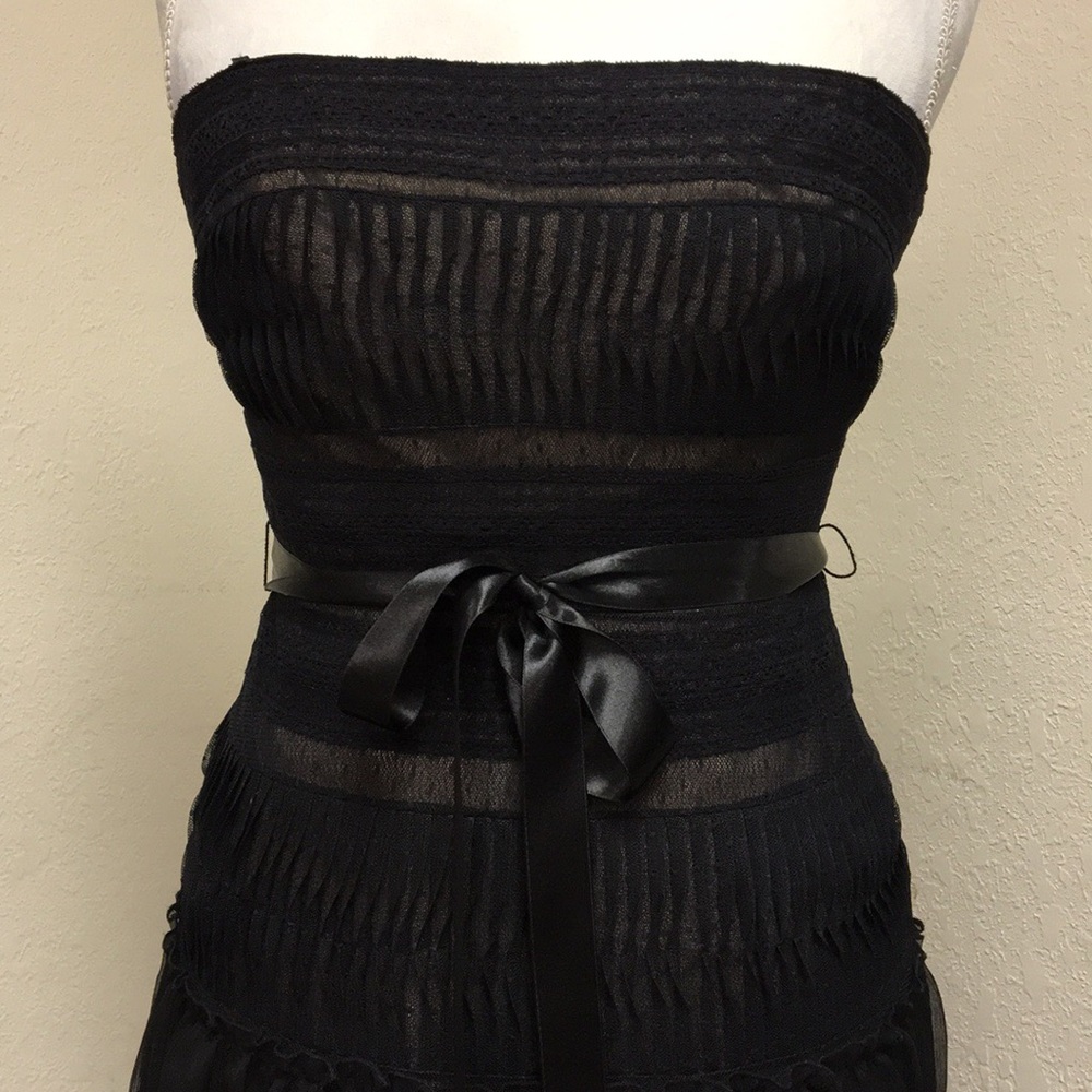 BCBGMaxAzria Black Strapless Midi Dress with Satin Waist Tie